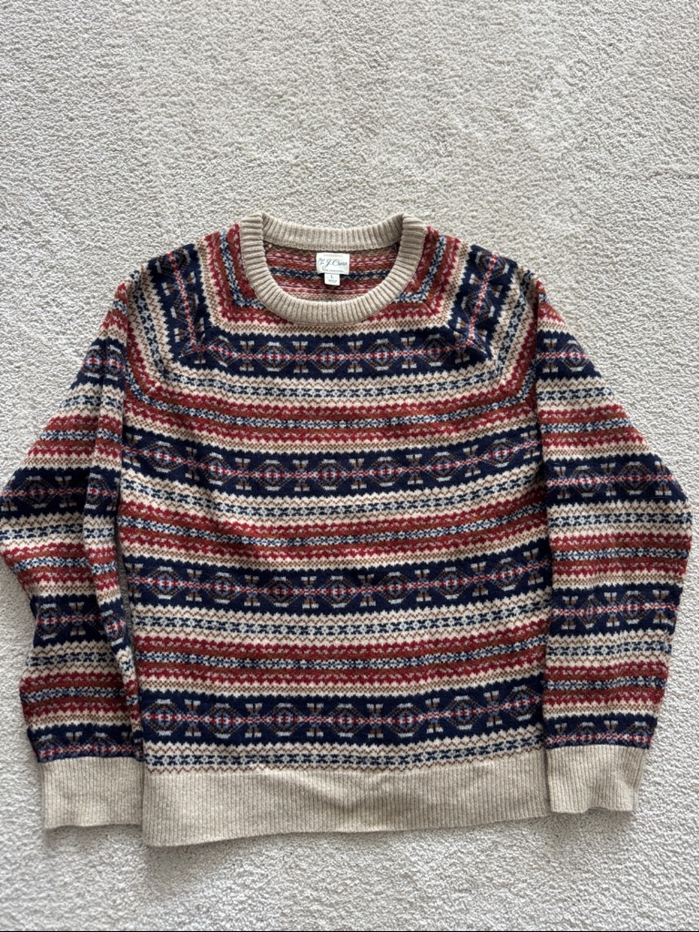 J. Crew Men’s Cream Fair Isle Crewneck Sweater with Navy and Red Pattern